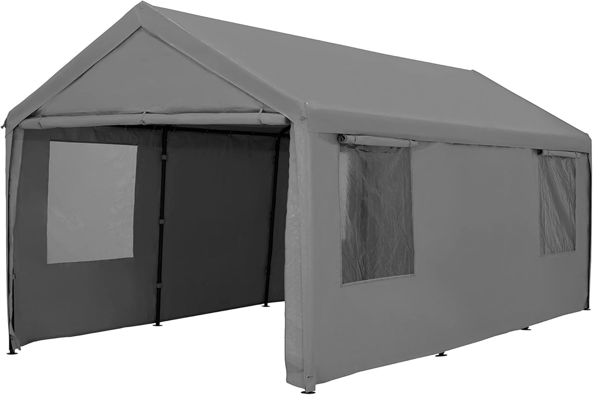 Beige 10x20ft Car Canopy with Transparent Windows Removable Sidewalls & Doors L903