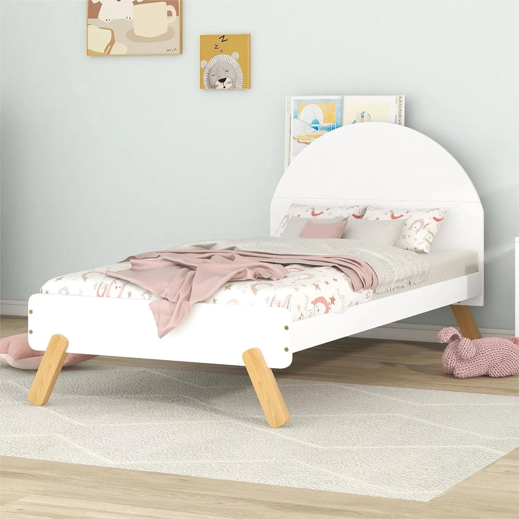 White Solid Wood Platform Bed with Curved Headboard and Shelf Z2749