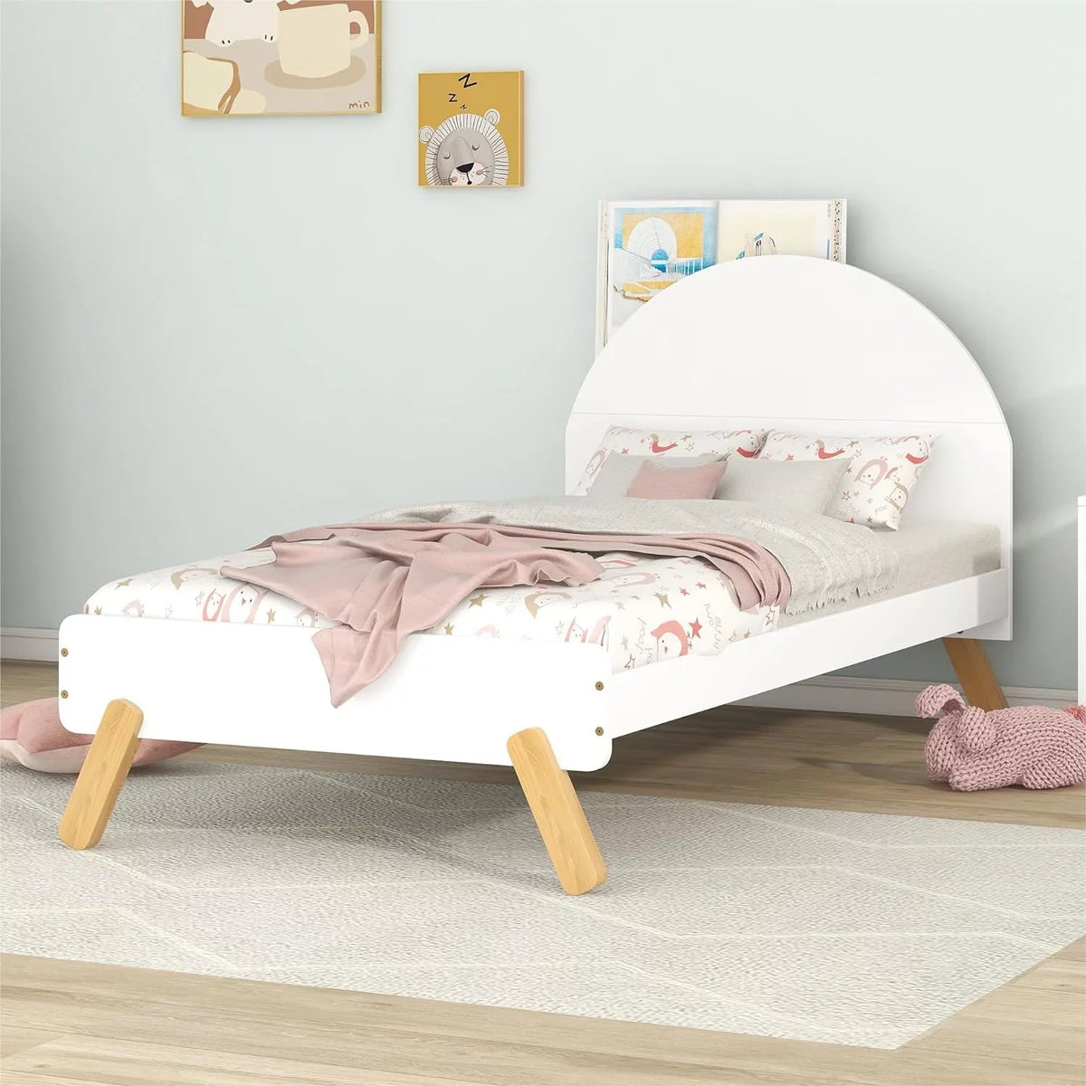 White Solid Wood Platform Bed with Curved Headboard and Shelf Z2749