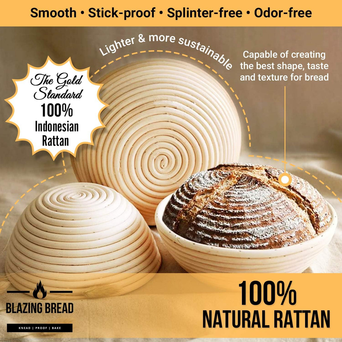 Round & Oval Proofing Baskets with Lame Whisk Dough Scraper, 100% Natural Rattan Cane U30664