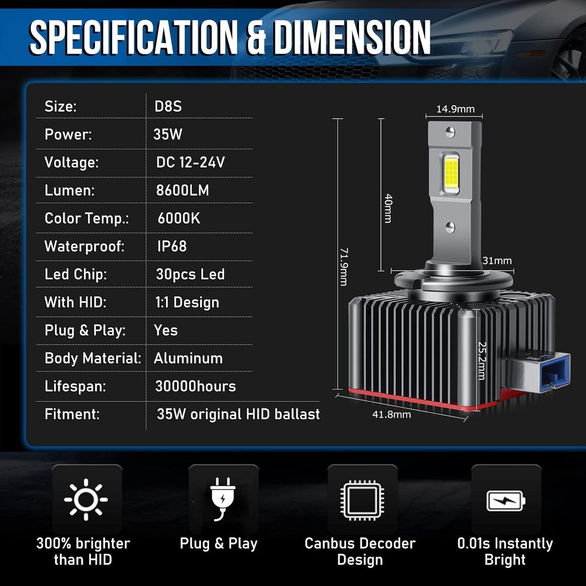 D8S LED Headlight Bulbs 8600LM 6000K 70W R6848