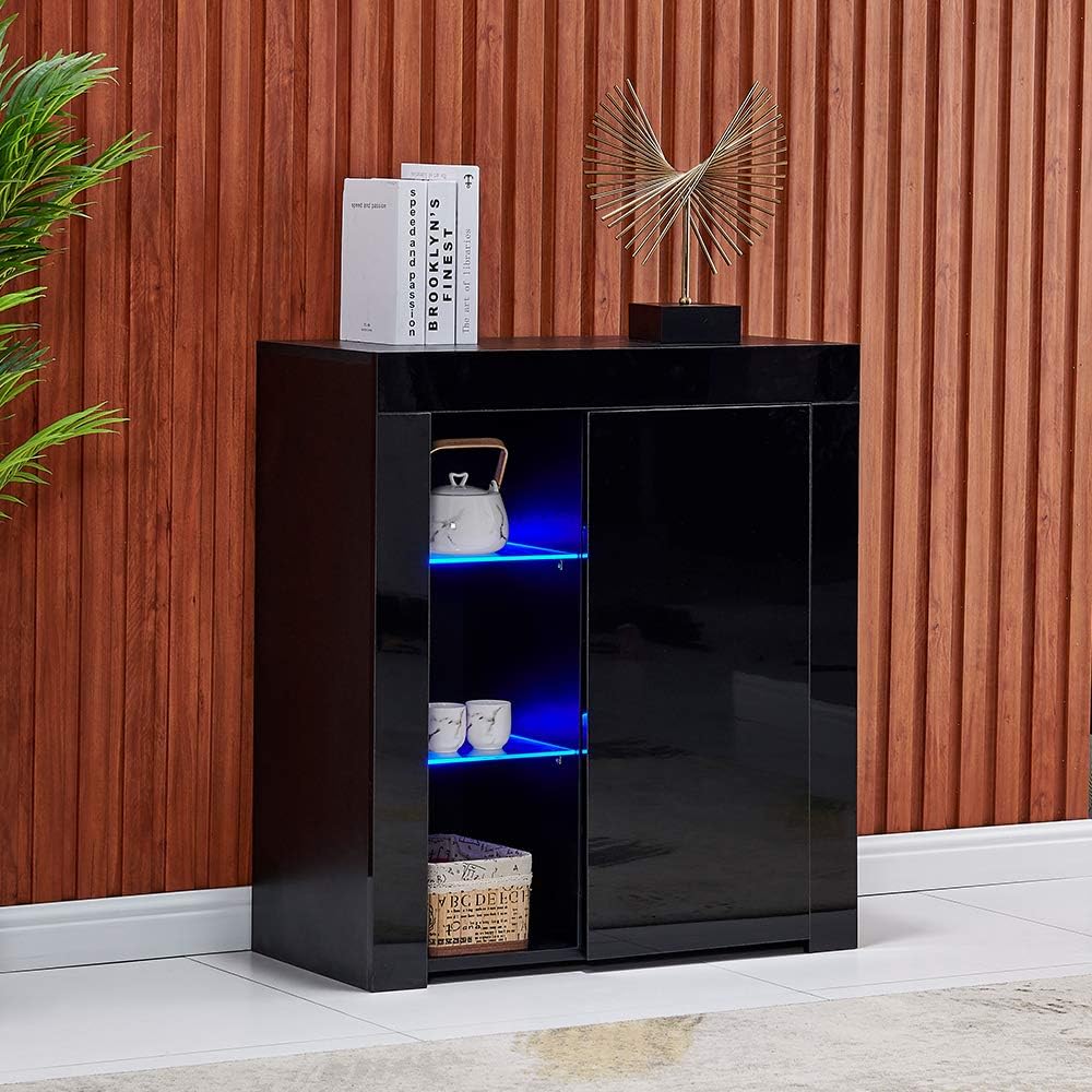 High Gloss Sideboard with 3 Shelves Cabinet Cupboard with LED Light G976840