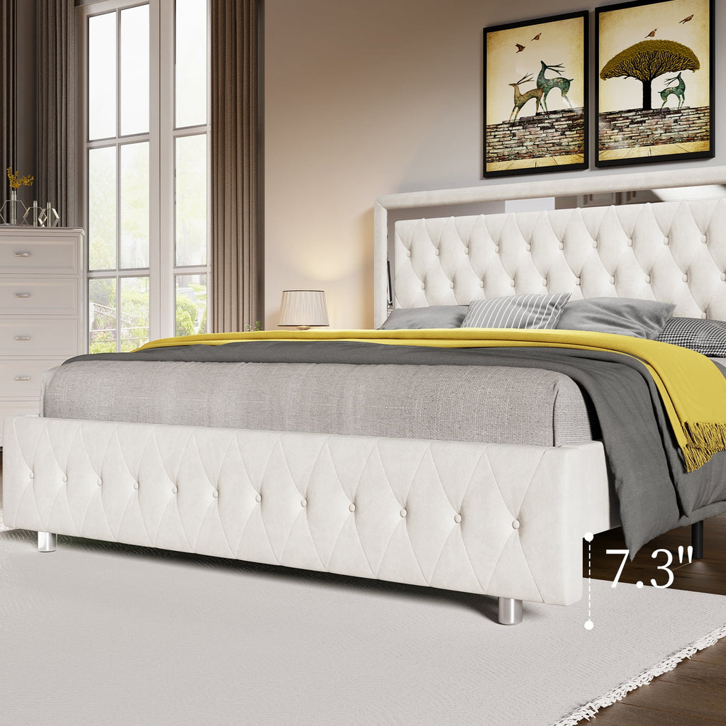 Queen Size Velvet Button Tufted LED Bed Frame U82341