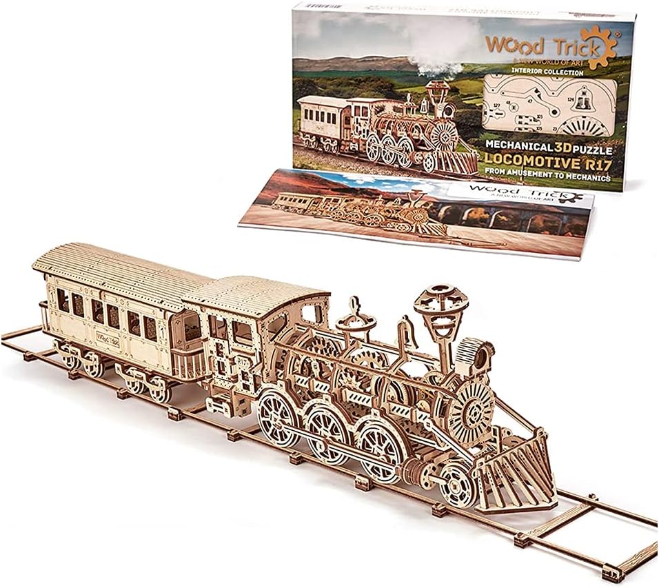 Wooden Toy Train Set with Railway - 34x7″ - Mechanical Model Kit - 3D Wooden Puzzle - DIY Toy Pack of 2 C401