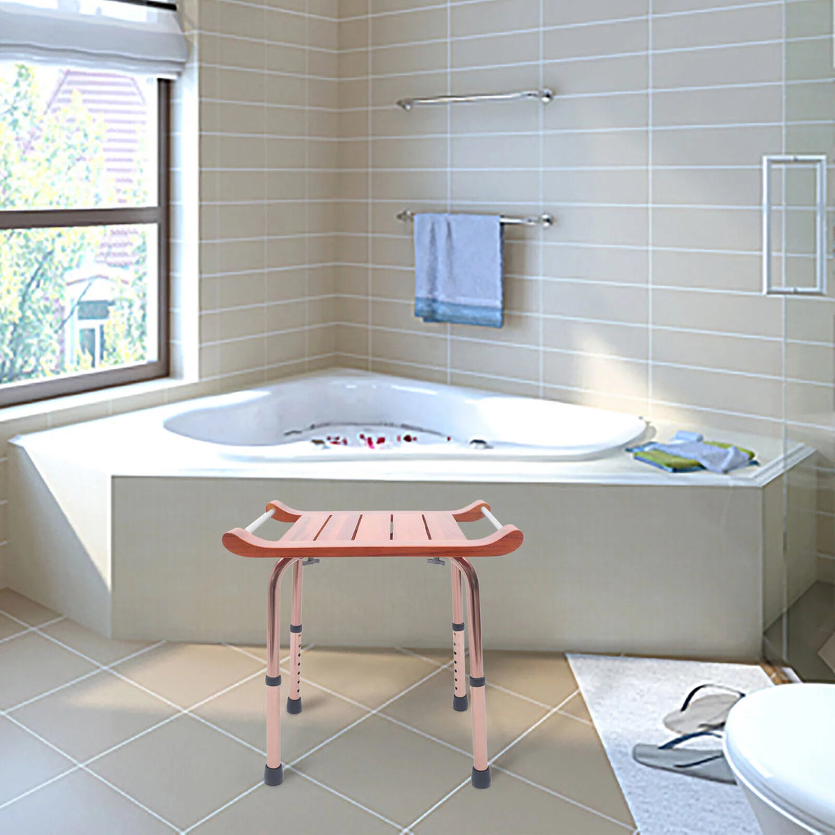 Teak Shower Stool Non-Slip Adjustable W728049
