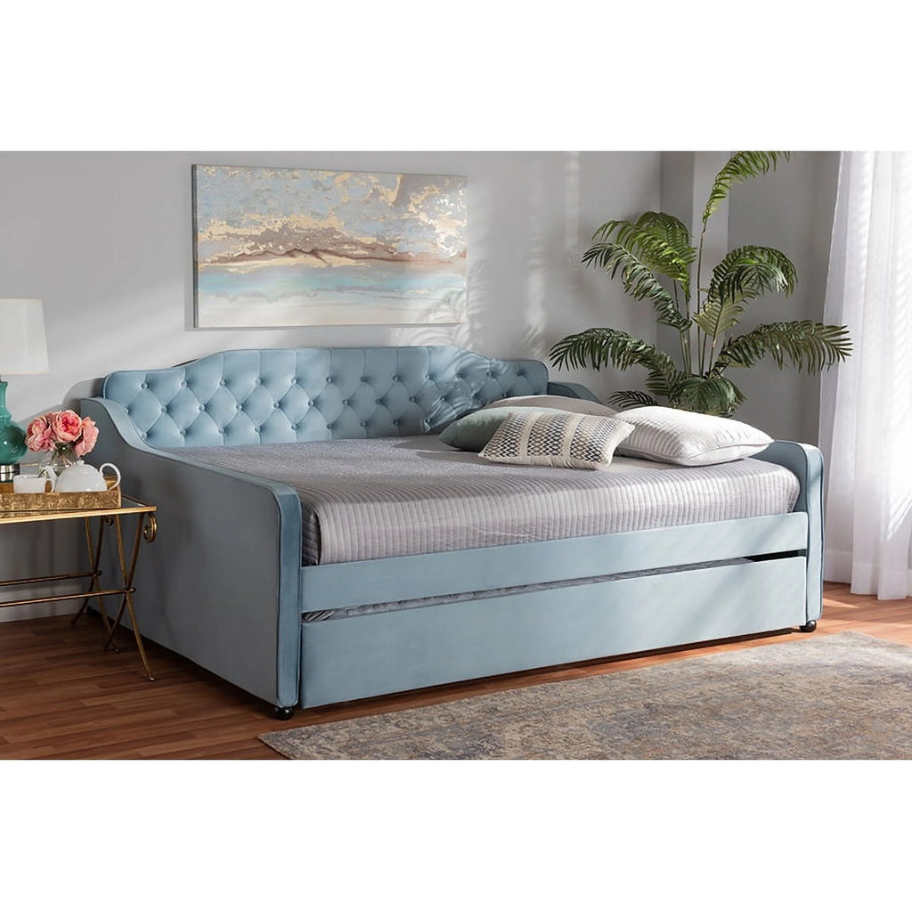 Light Blue Velvet Button Tufted Daybed with Trundle S2404