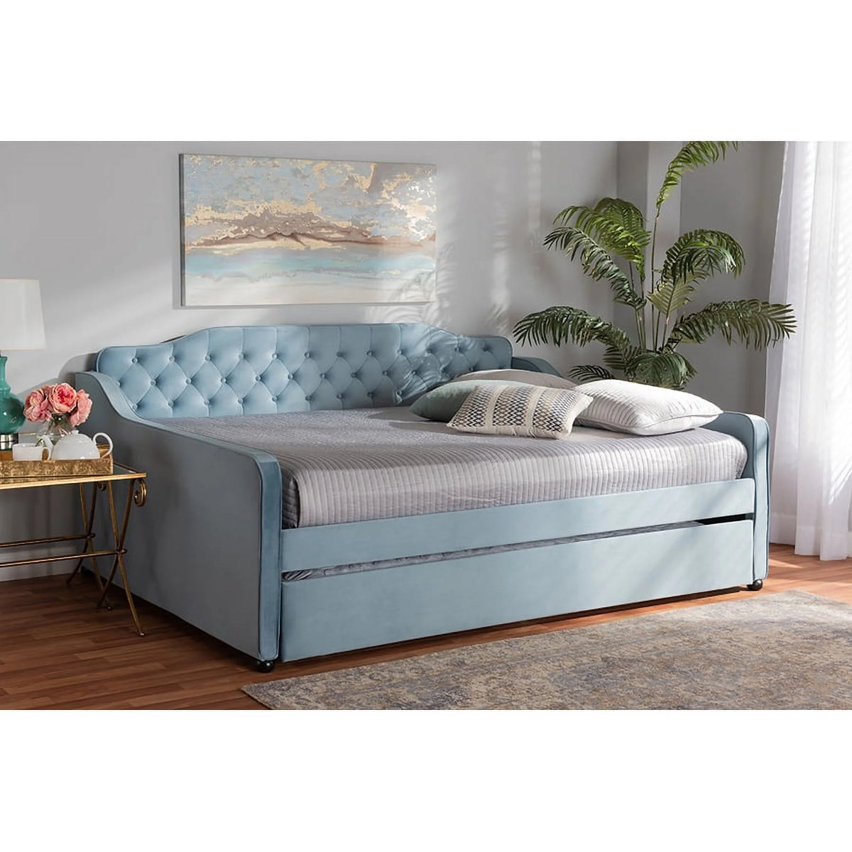 Light Blue Velvet Button Tufted Daybed with Trundle S2404