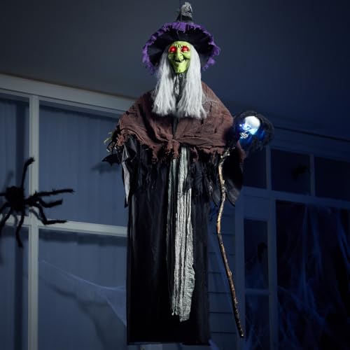 59” Halloween Decorations Outdoor Hanging Witch with Light Up Skull Skeleton Wand Sound Activated E29068