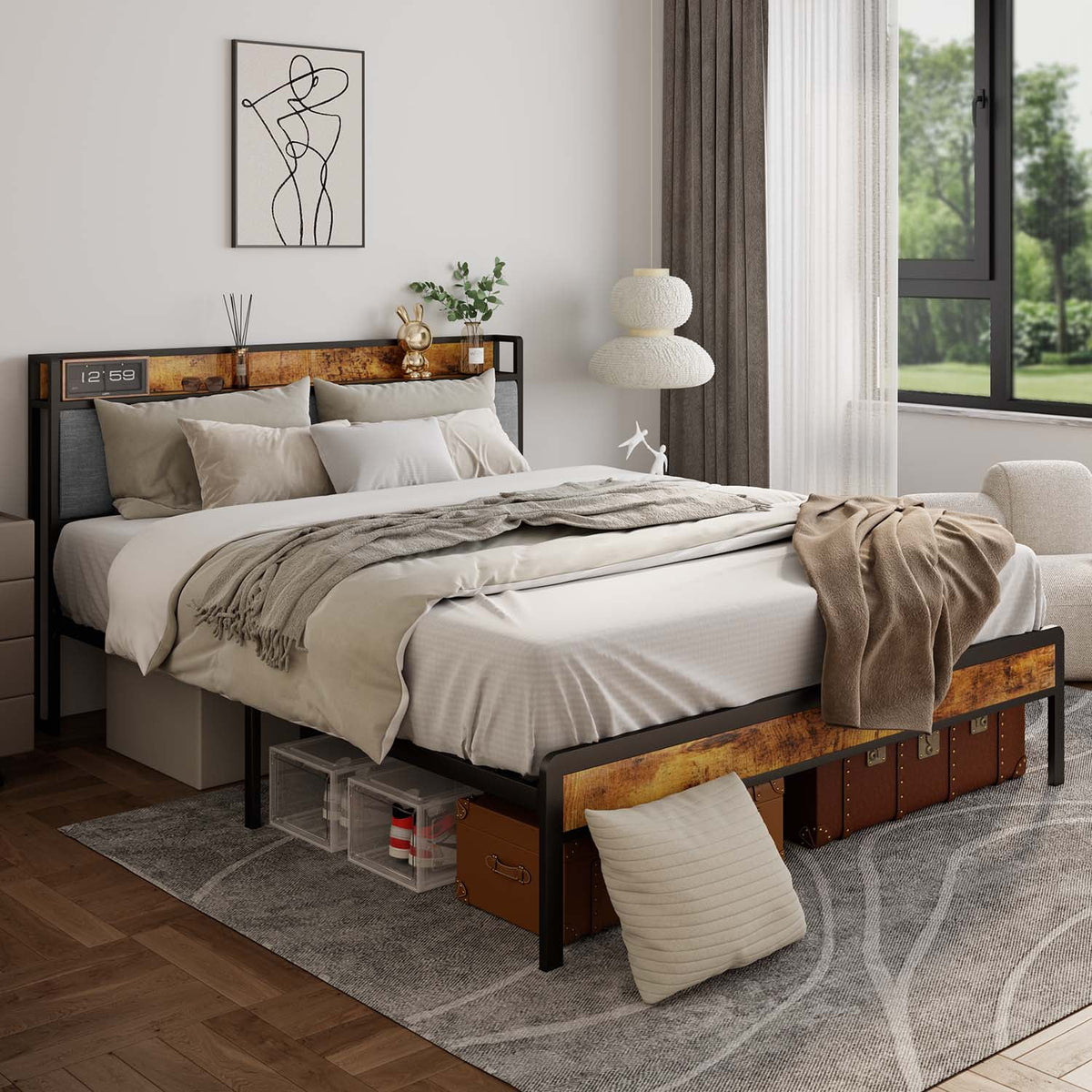 Queen Bed Frame with Storage Headboard, Dark Grey S734
