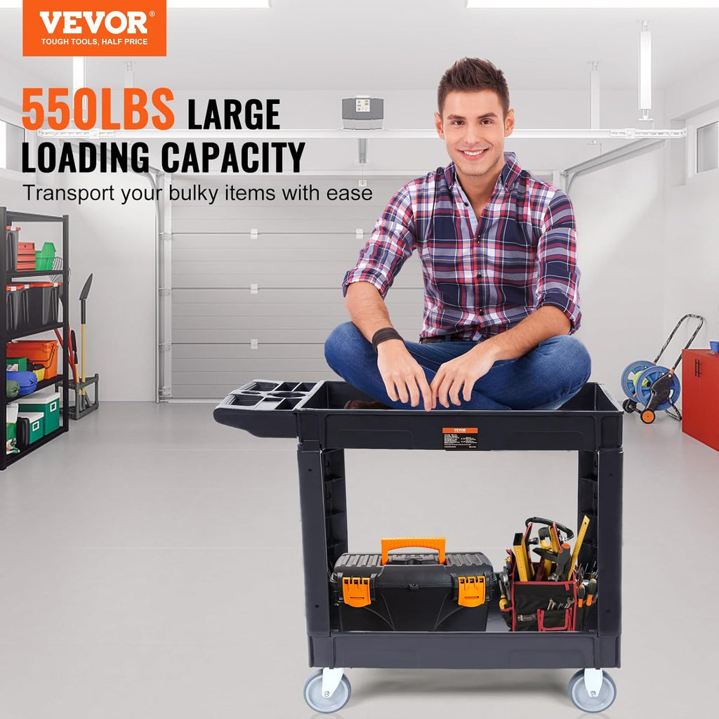 Black 2 Shelf Heavy Duty Plastic Rolling Utility Cart W686049