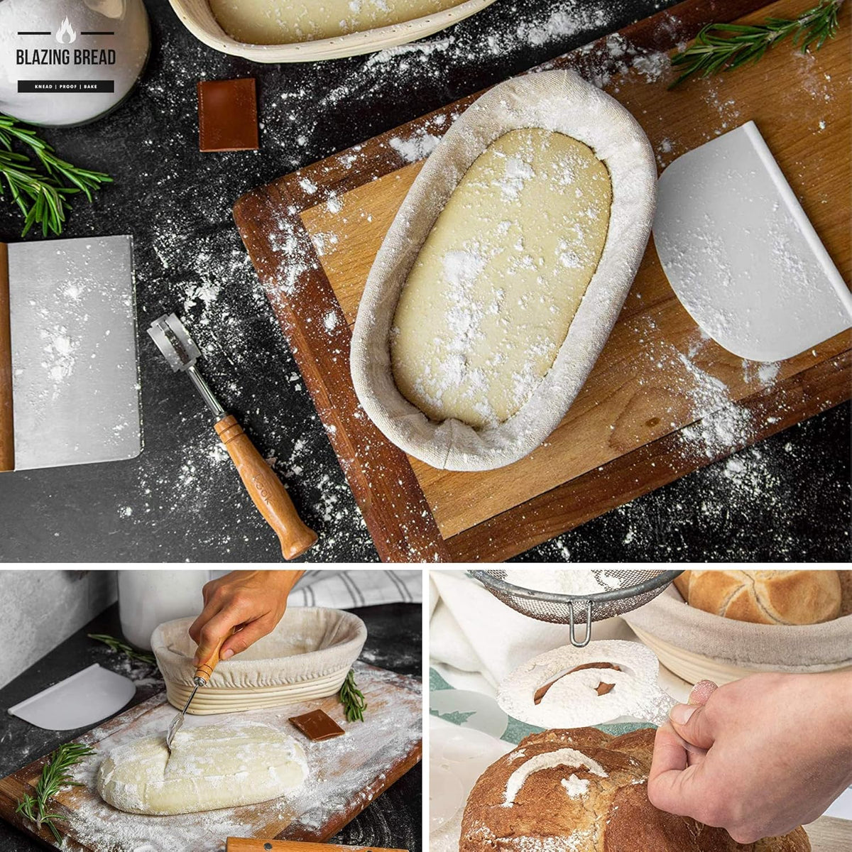 Round & Oval Proofing Baskets with Lame Whisk Dough Scraper, 100% Natural Rattan Cane U30664