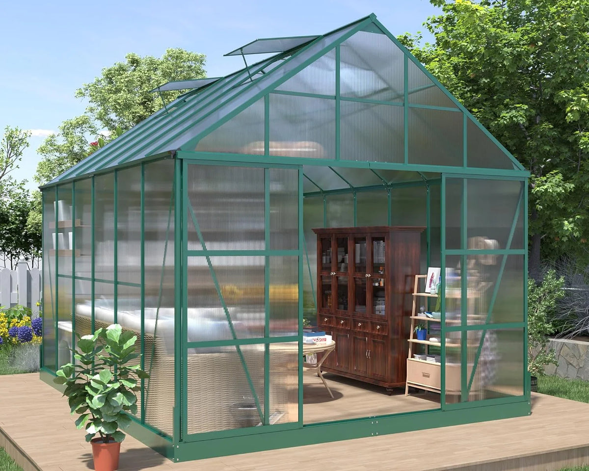 12x10x10 ft Polycarbonate Greenhouse with 2 Sliding Doors 4 Vents Window D332