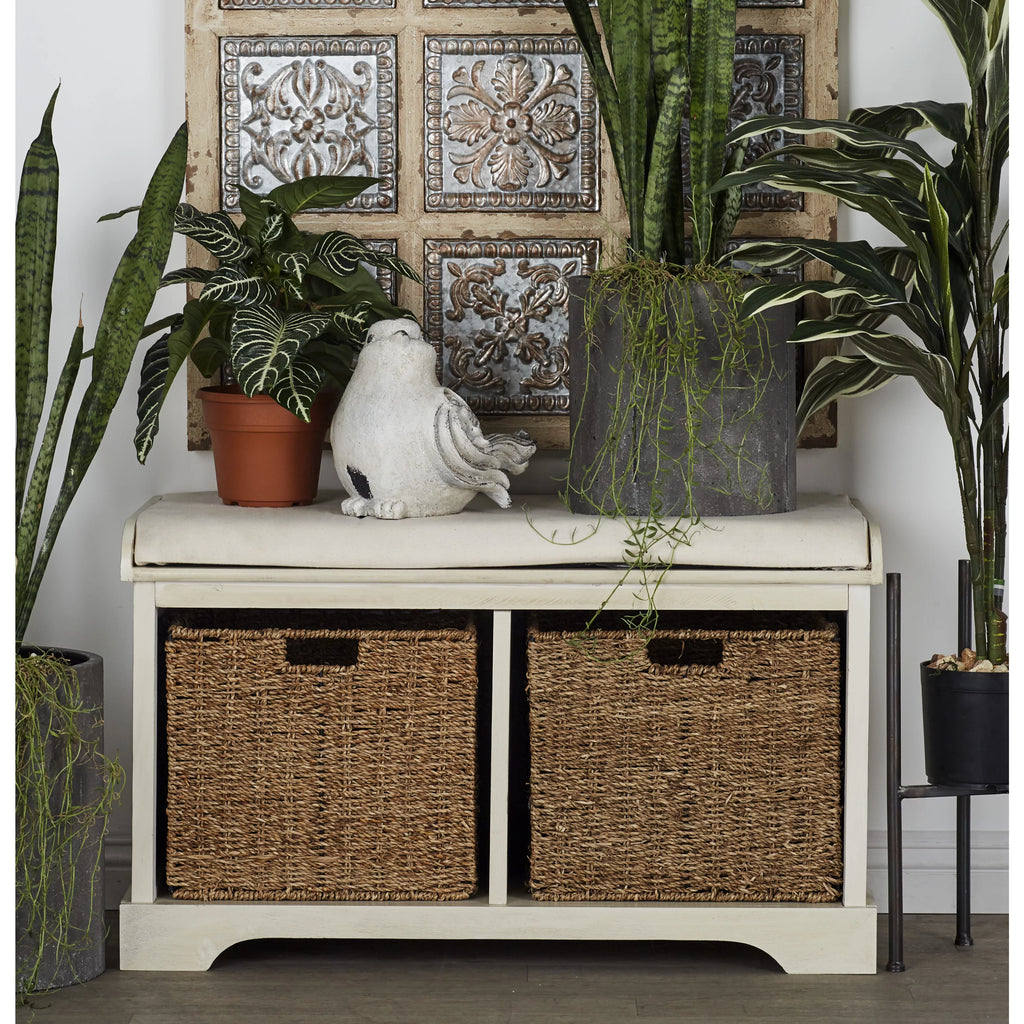 White Wood Storage Bench with Cushion Seat V9037