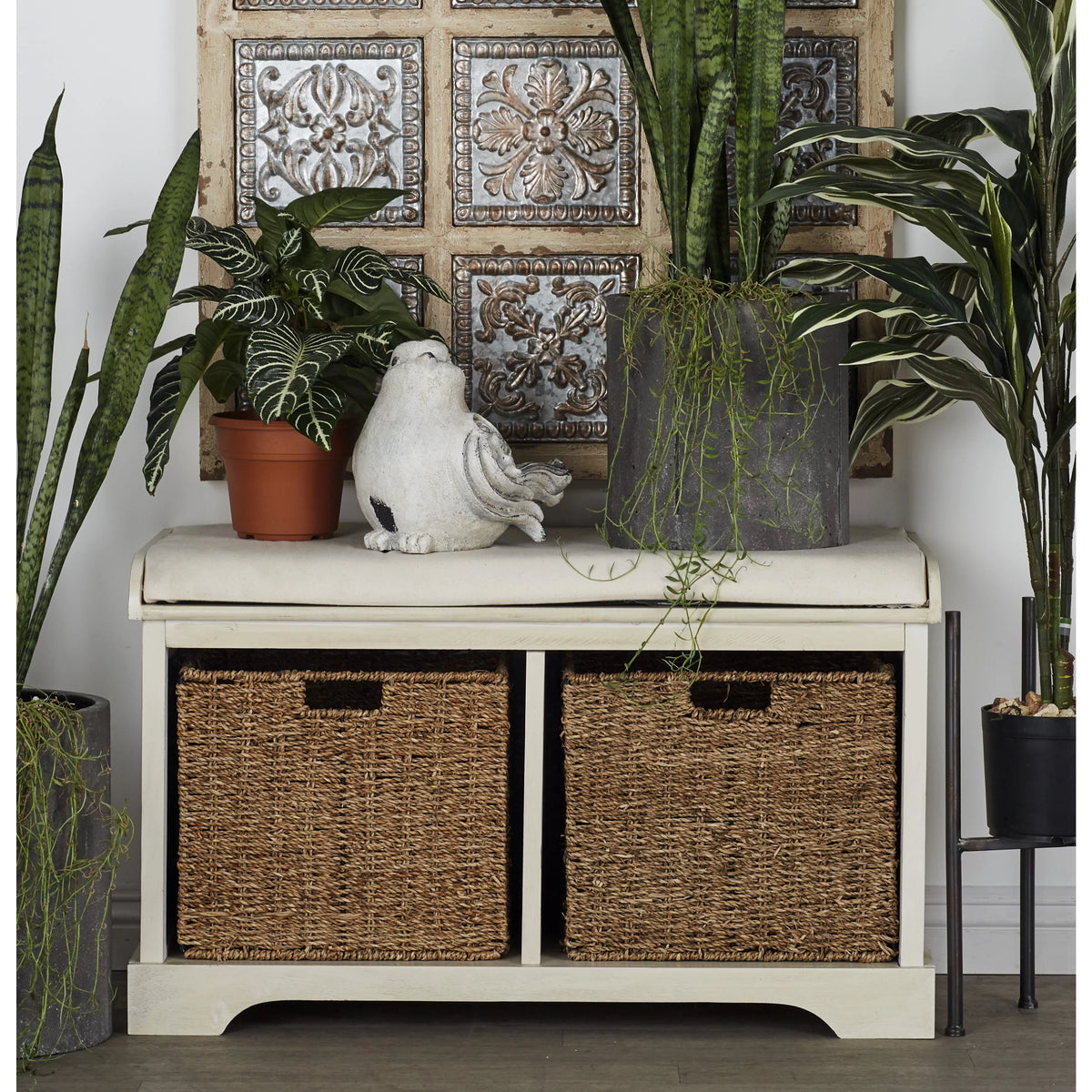 White Wood Storage Bench with Cushion Seat V9037