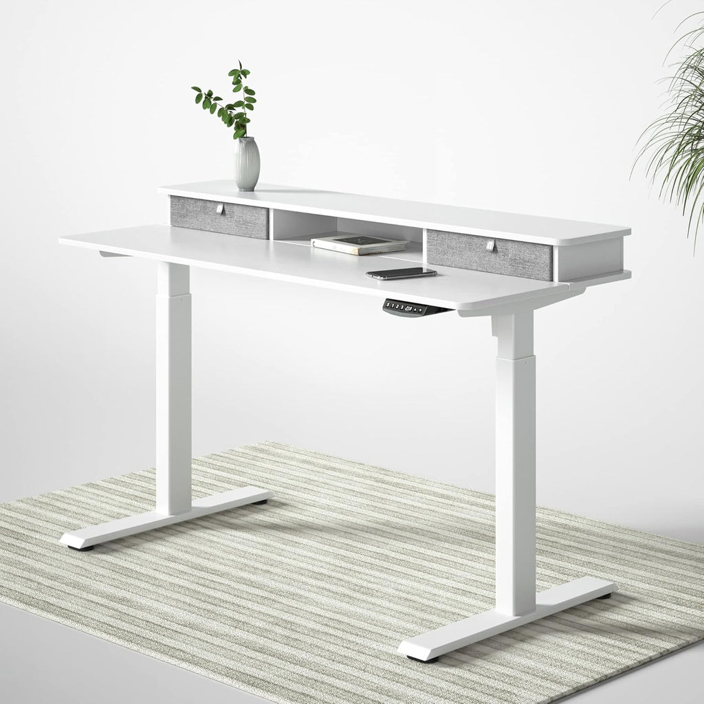 Rustic Brown Black Frame Electric Standing Desk with Double Drawers Q326