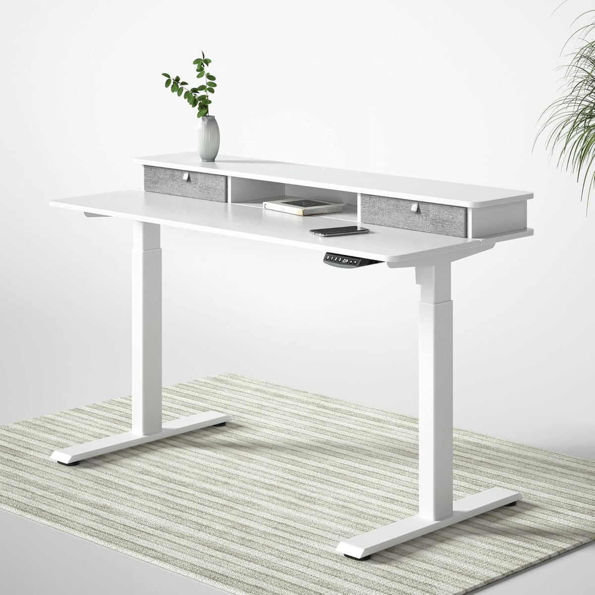 Rustic Brown Black Frame Electric Standing Desk with Double Drawers Q326