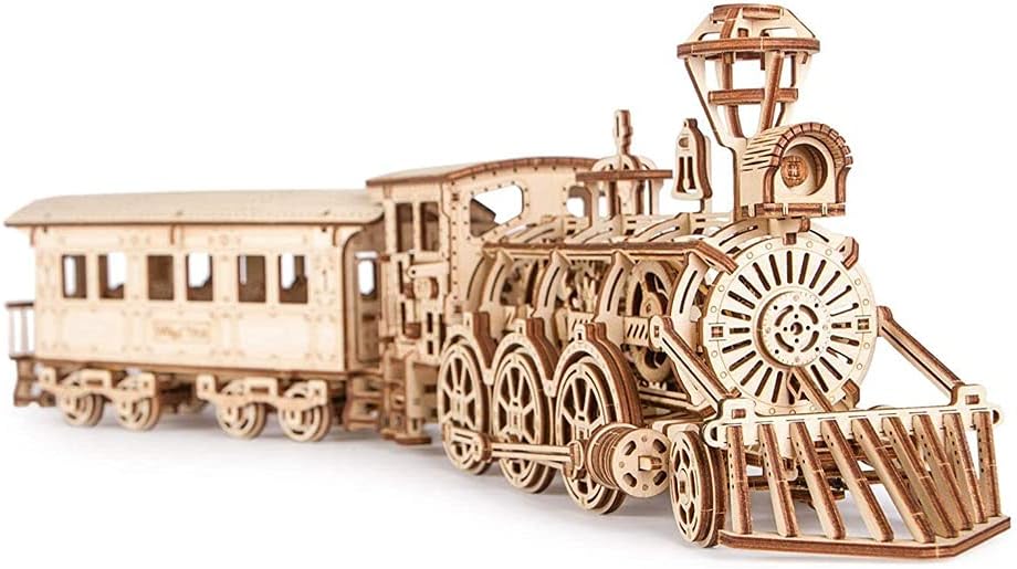 Wooden Toy Train Set with Railway - 34x7″ - Mechanical Model Kit - 3D Wooden Puzzle - DIY Toy Pack of 2 C401
