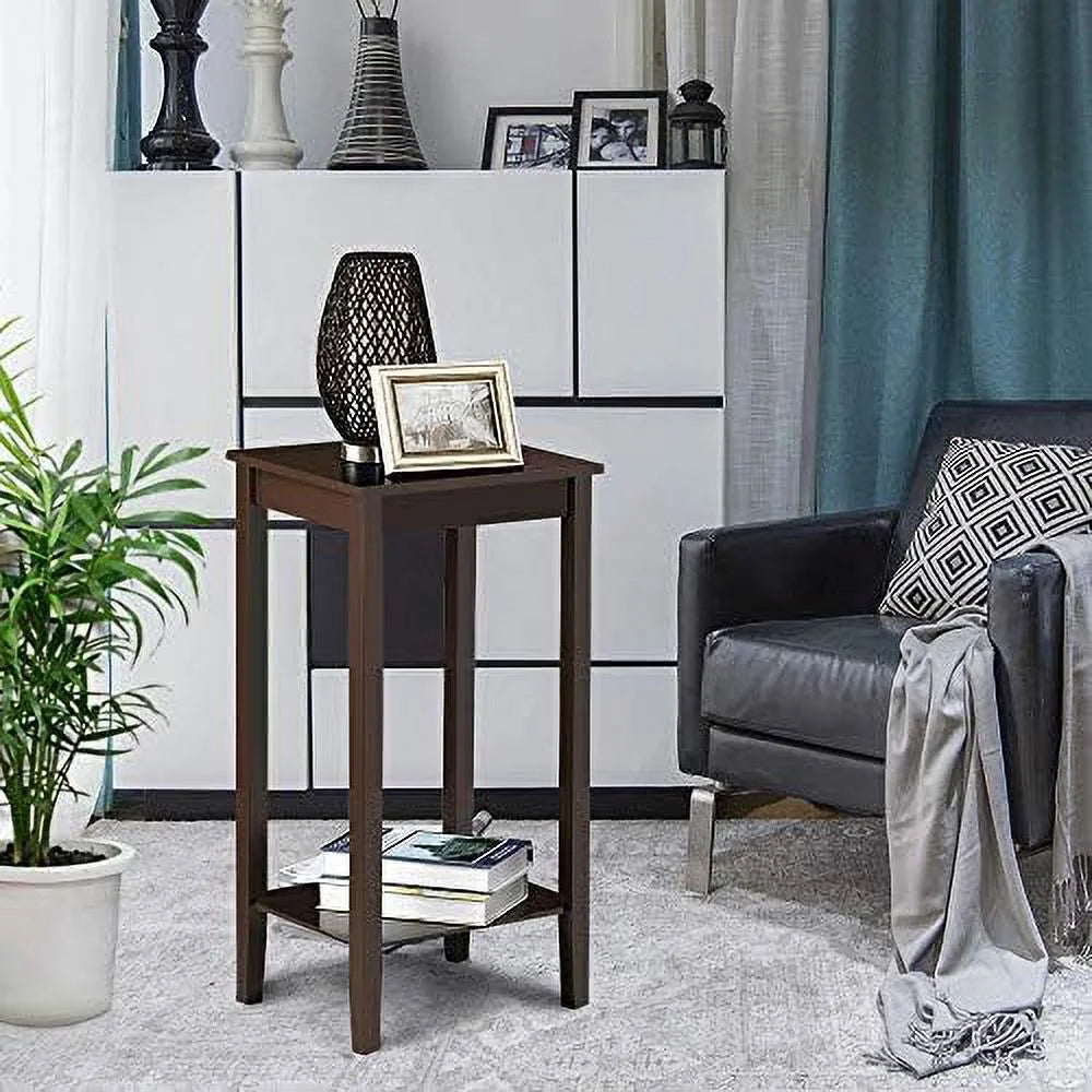 Dark Coffee Tall End Table With Storage Shelf And Solid Wood Legs, D12xw15xh29 Inches V4820