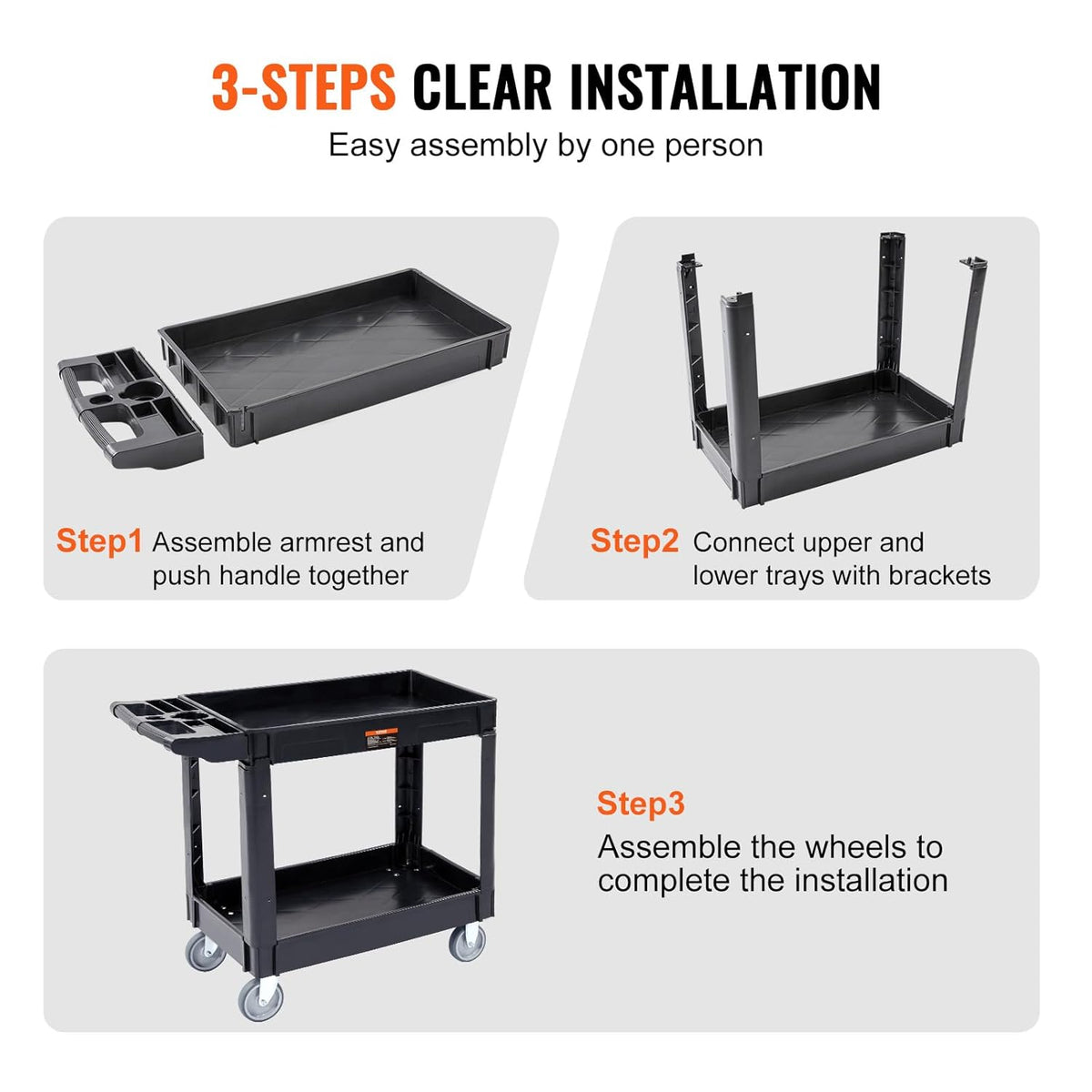 Black 2 Shelf Heavy Duty Plastic Rolling Utility Cart W686049