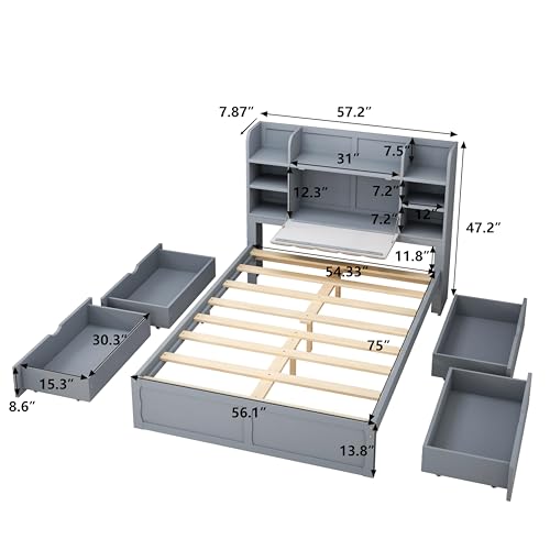 White Queen Size Murphy Bed with Shelves and Drawers E338