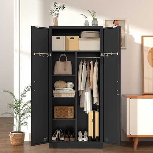 Black Metal Armoire Wardrobe with 2 Doors, 1 Adjustable Shelf, 2 Drawers, and Hanging Rod R7434