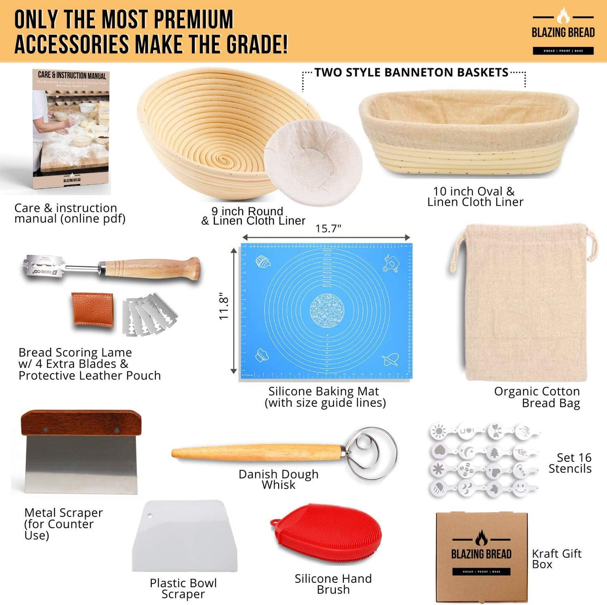 Round & Oval Proofing Baskets with Lame Whisk Dough Scraper, 100% Natural Rattan Cane U30664
