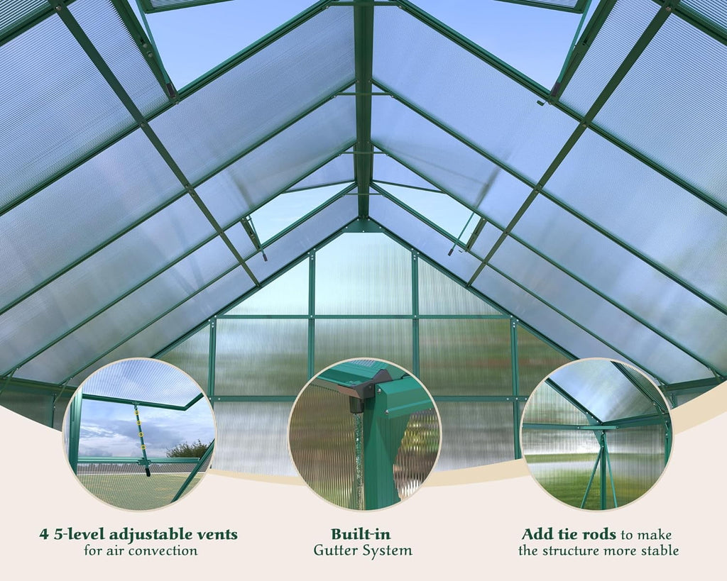 12x10x10 ft Polycarbonate Greenhouse with 2 Sliding Doors 4 Vents Window D332