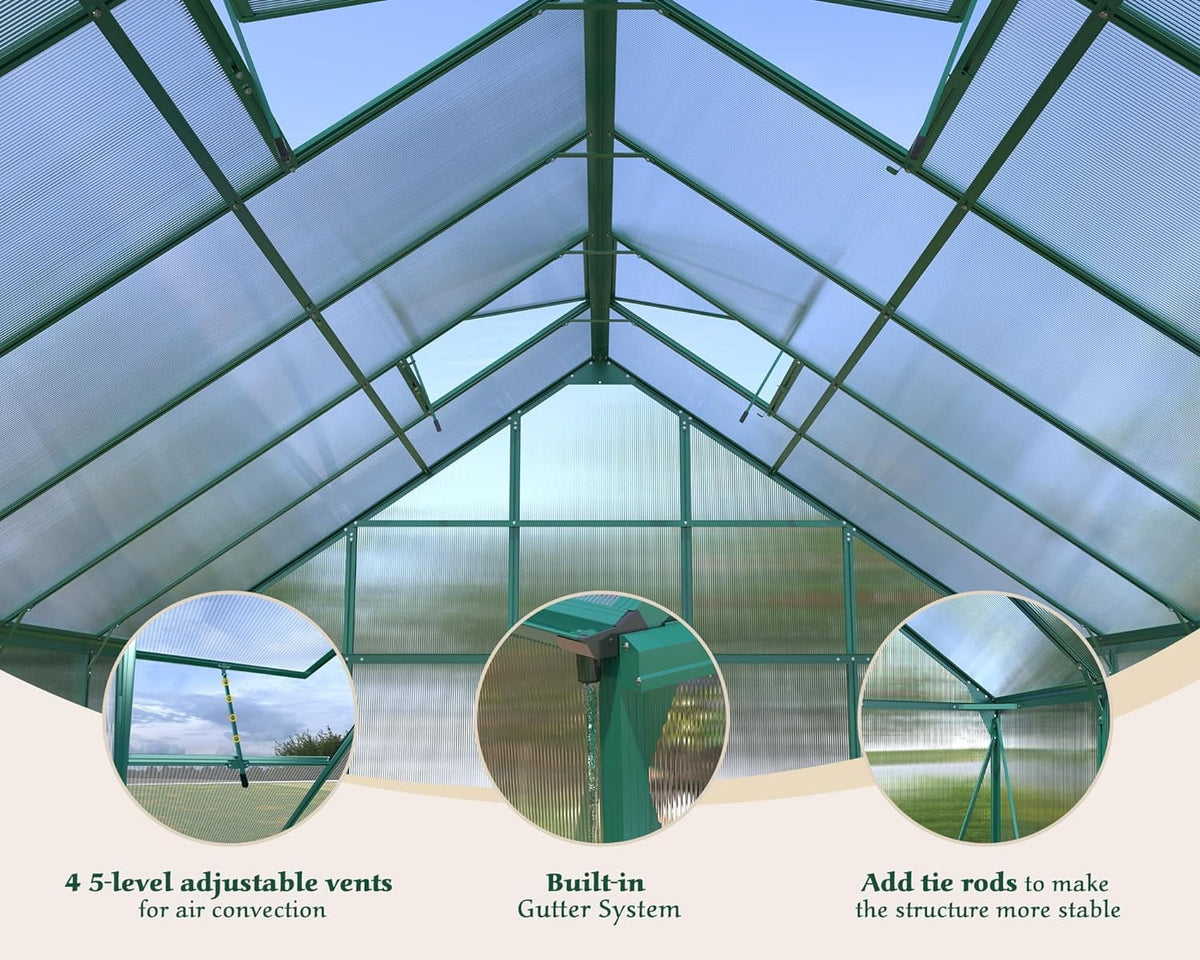 12x10x10 ft Polycarbonate Greenhouse with 2 Sliding Doors 4 Vents Window D332