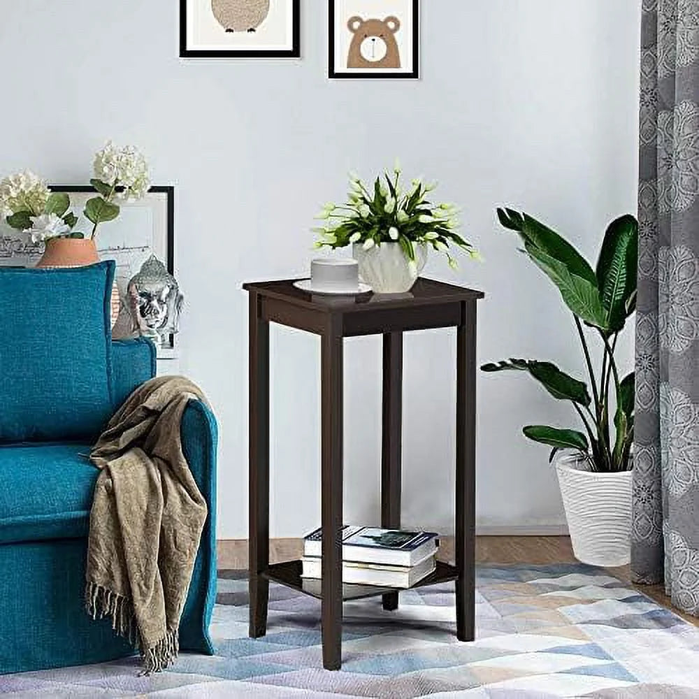 Dark Coffee Tall End Table With Storage Shelf And Solid Wood Legs, D12xw15xh29 Inches V4820