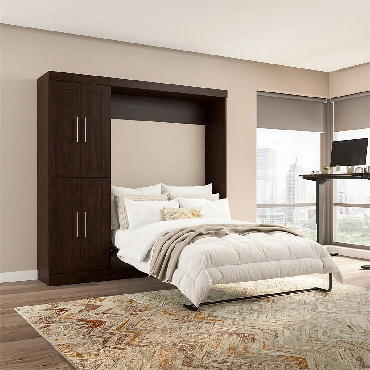 Chocolate Engineered Wood Full Murphy Bed with Closet Organizer N7651