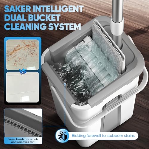 Mop and Bucket with Wringer Set, Flat Mop with 3 Washable Microfiber Pads M445569