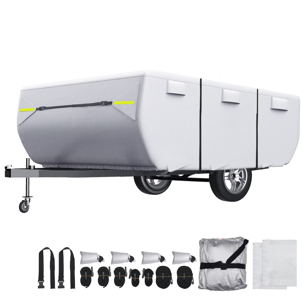 Waterproof Camper Trailer Cover Fits 10'-12' RV Cover Anti-UV with 3+2 Straps Silver Tone P748