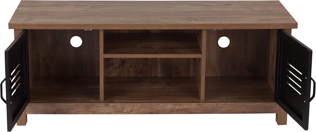 Oak Wood Grain Storage Bench with Metal Cabinet Doors P2073