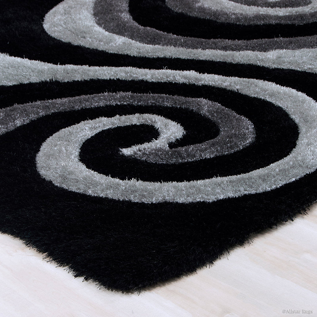 Grey Shaggy Area Rug with 3D Black Spiral Design 5' x 7' L31371