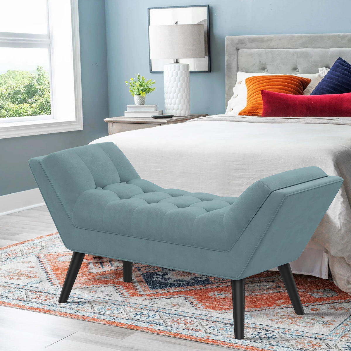 Blue Upholstered Tufted Ottoman Bench J7818