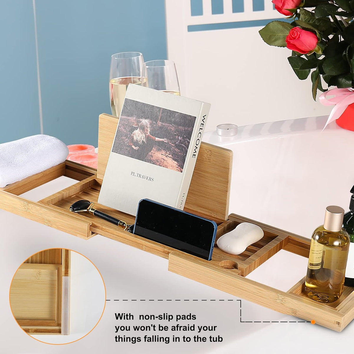 Bamboo Bathtub Caddy Tray with Extending Sides N801