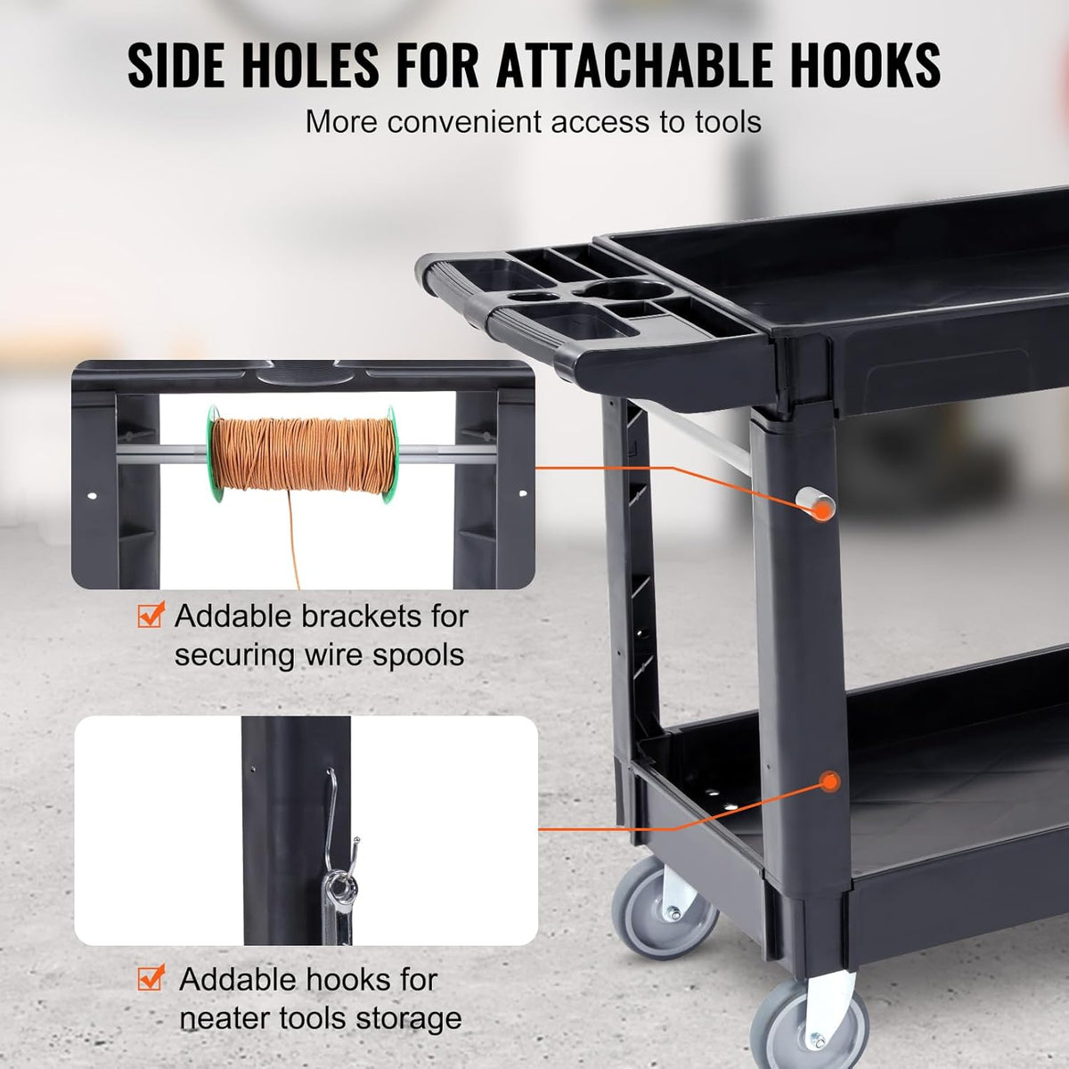 Black 2 Shelf Heavy Duty Plastic Rolling Utility Cart W686049