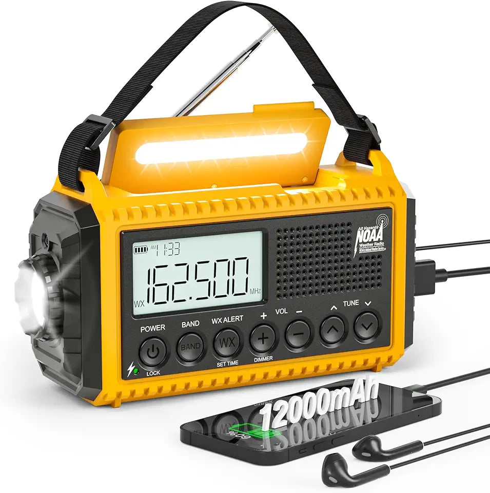 12000mAh NOAA Emergency Weather Radio, Hand Crank Portable AM FM Shortwave Solar Rechargeable Radio with USB-C Charger & Adapter, SOS Alert Flashlight L9934