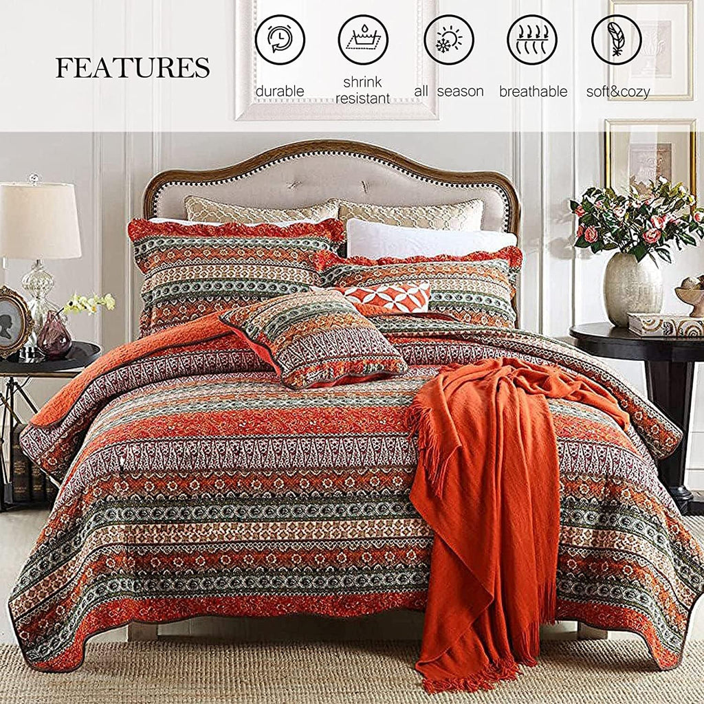 Striped Cotton 3-Piece Patchwork Bedspread Quilt Set Queen G614