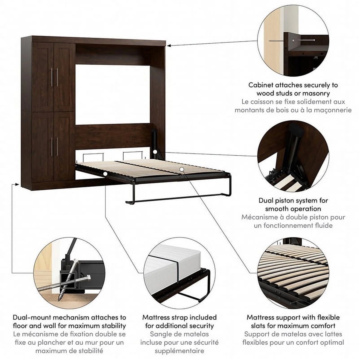 Chocolate Engineered Wood Full Murphy Bed with Closet Organizer N7651