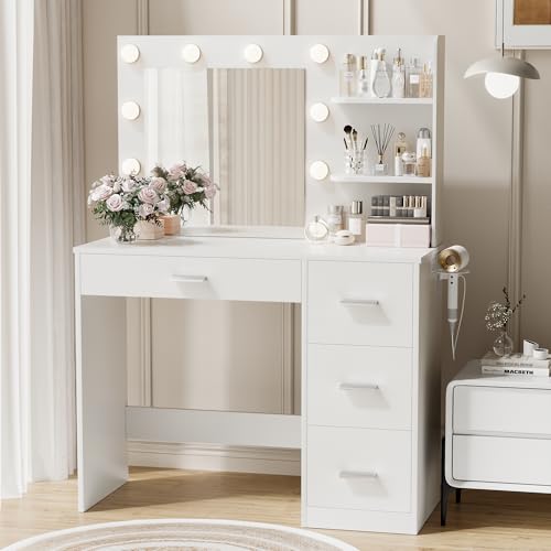 White Vanity Desk with Mirror and 4 Drawers K5309