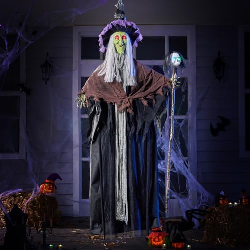 59” Halloween Decorations Outdoor Hanging Witch with Light Up Skull Skeleton Wand Sound Activated E29068