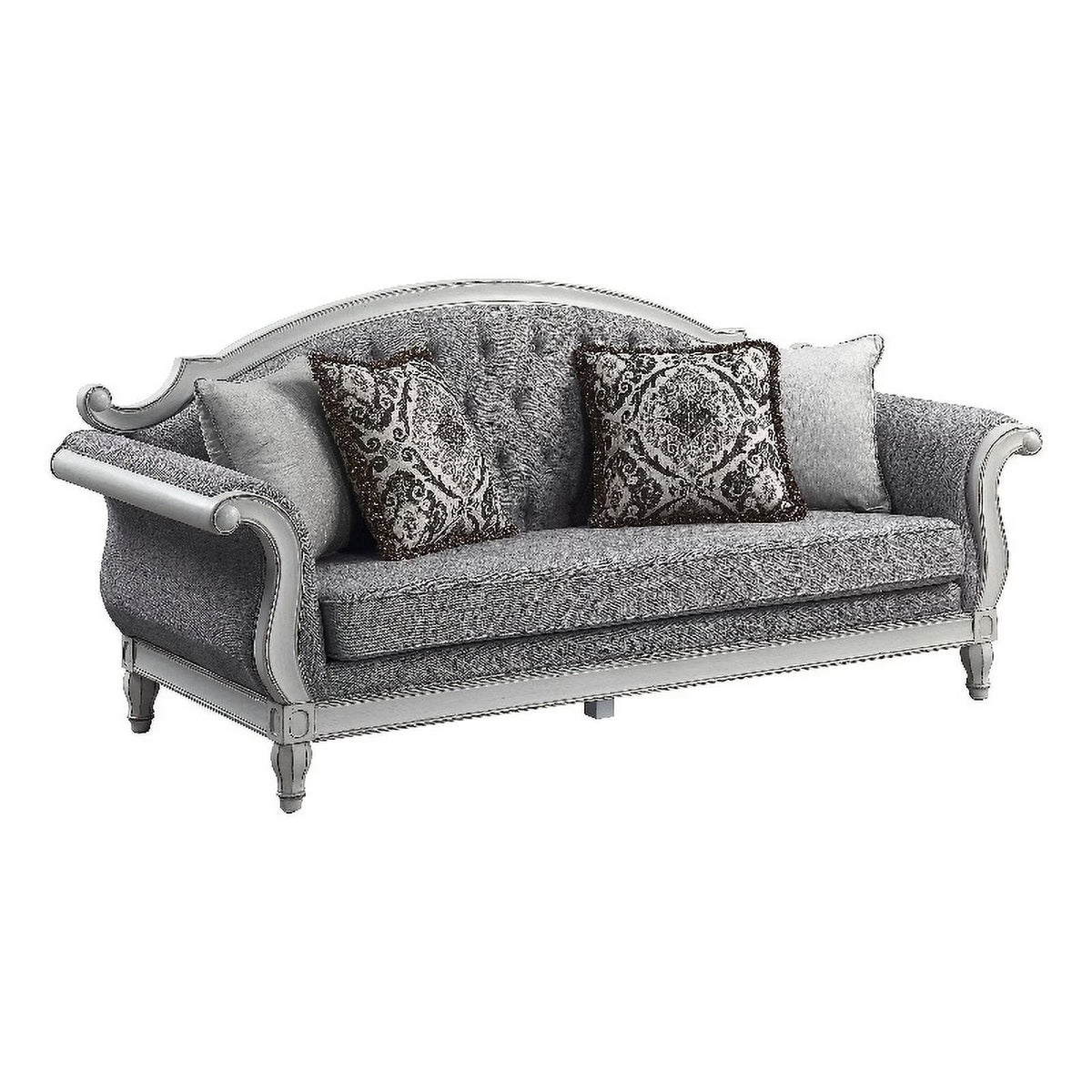 Tufted Fabric Sofa with 4 Pillows in Gray/Antique White B291275