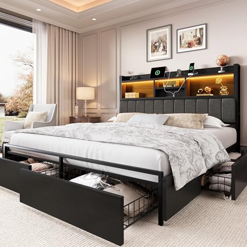 King Size Wooden Platform Bed Frame with 6 Storage Drawers and Headboard D896