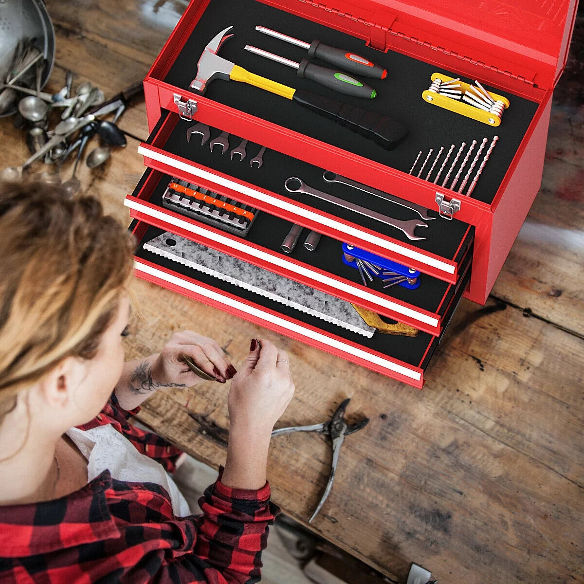 Portable 3 Drawers Red Tool Chest K64463