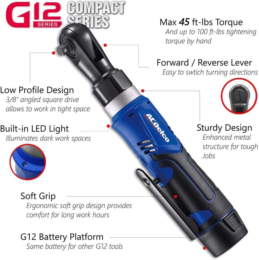 12V Li-ion Cordless 3/8” Ratchet Wrench Tool Kit with 2 Batteries C299951