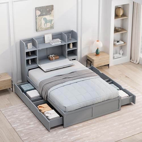 White Queen Size Murphy Bed with Shelves and Drawers E338