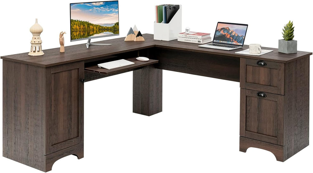 L Shaped Corner Computer Desk with Storage Drawers & Cabinet M7350