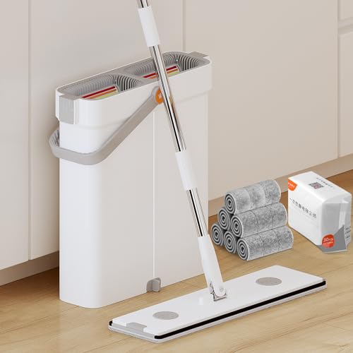 16'' Flat Mop and Bucket with Wringer Set with 4 Microfiber Pads C153