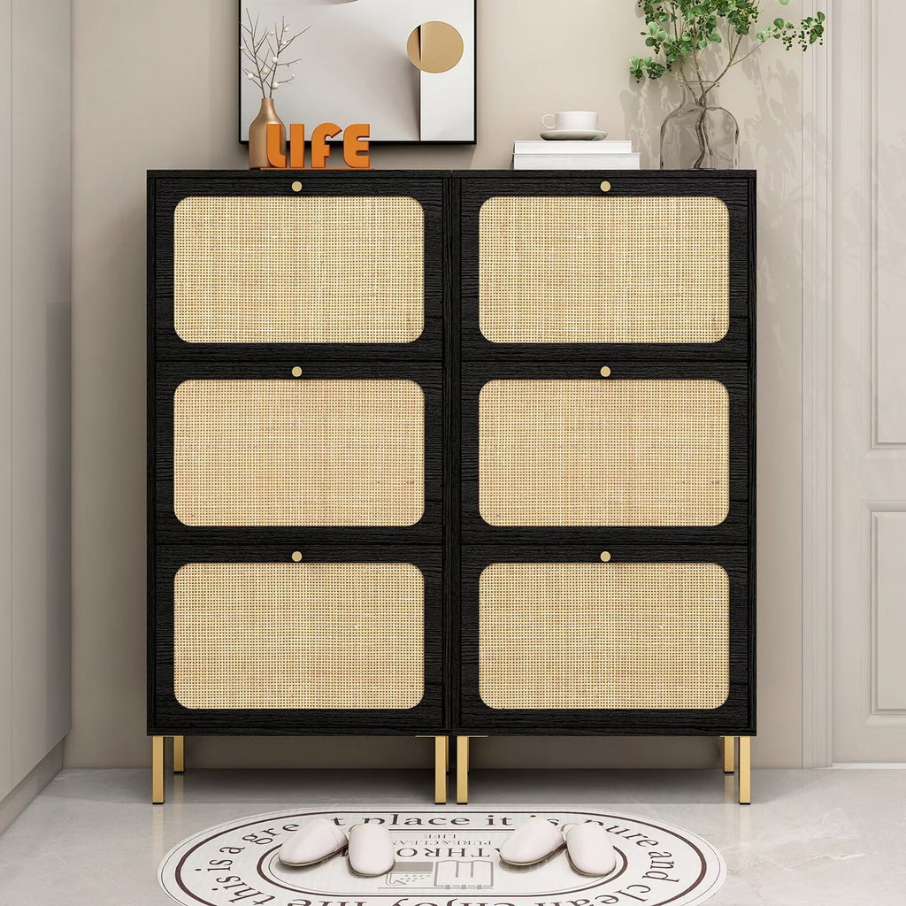 3 Flip Drawer Natural Rattan Shoe Cabinet with Metal Legs V712943